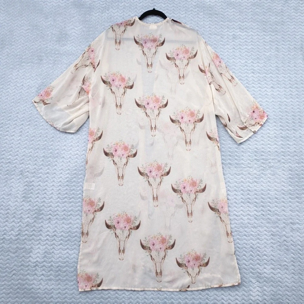 Pink Owl Kimono Duster Cardigan Floral Bull Skull‎ Bohemian Festival Cover Up